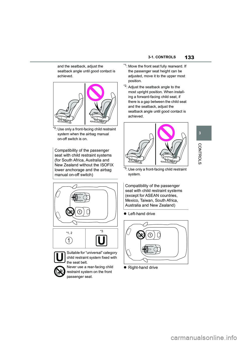 TOYOTA SUPRA 2022 Owners Manual 133
3
3-1. CONTROLS
CONTROLS
and the seatback, adjust the
seatback angle until good contact is
achieved.
*3: Use only a front-facing child restraint
system when the airbag manual
on-off switch i TOYOTA SUPRA 2022 Owners Manual 133
3
3-1. CONTROLS
CONTROLS
and the seatback, adjust the
seatback angle until good contact is
achieved.
*3: Use only a front-facing child restraint
system when the airbag manual
on-off switch i