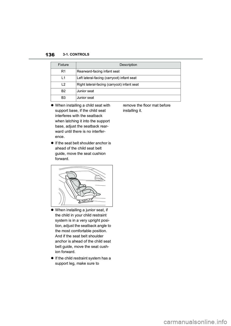 TOYOTA SUPRA 2022 Owners Manual 1363-1. CONTROLS
When installing a child seat with
support base, if the child seat
interferes with the seatback
when latching it into the support
base, adjust the seatback rear-
ward until the TOYOTA SUPRA 2022 Owners Manual 1363-1. CONTROLS
When installing a child seat with
support base, if the child seat
interferes with the seatback
when latching it into the support
base, adjust the seatback rear-
ward until the
