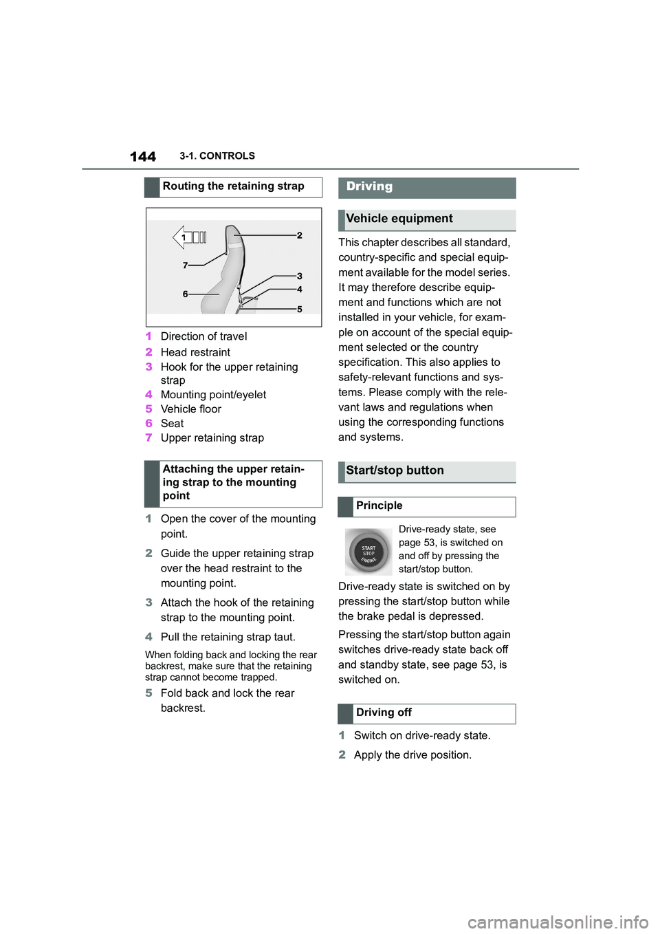 TOYOTA SUPRA 2022 Owners Manual 1443-1. CONTROLS
1Direction of travel
2 Head restraint
3 Hook for the upper retaining
strap
4 Mounting point/eyelet
5 Vehicle floor
6 Seat
7 Upper retaining strap
1 Open the cover of the moun TOYOTA SUPRA 2022 Owners Manual 1443-1. CONTROLS
1Direction of travel
2 Head restraint
3 Hook for the upper retaining
strap
4 Mounting point/eyelet
5 Vehicle floor
6 Seat
7 Upper retaining strap
1 Open the cover of the moun