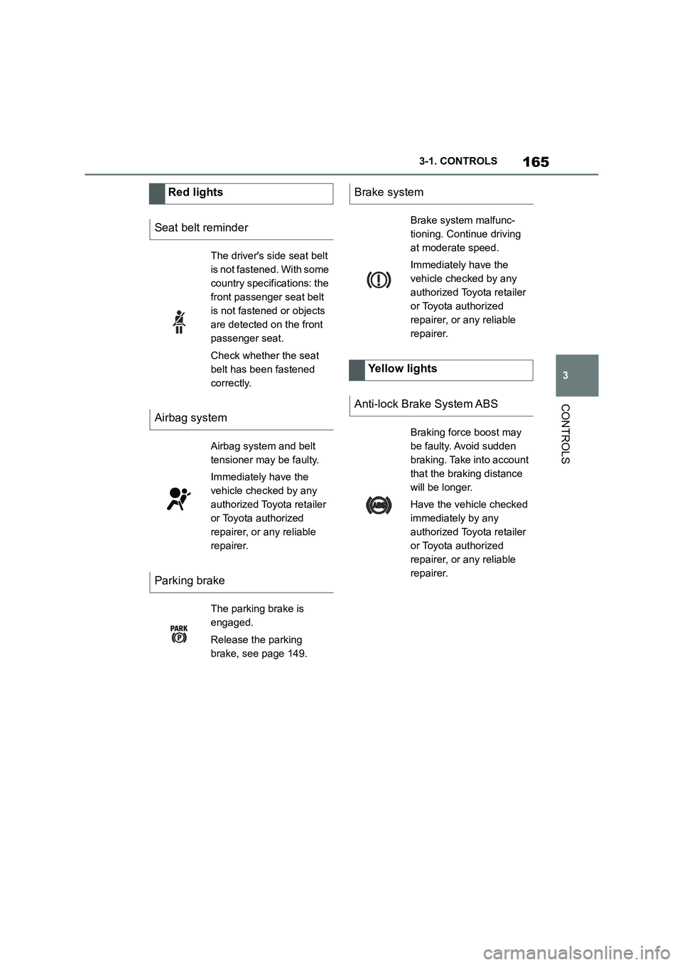 TOYOTA SUPRA 2022 Owners Manual 165
3
3-1. CONTROLS
CONTROLS
Red lights
Seat belt reminder
The drivers side seat belt
is not fastened. With some
country specifications: the
front passenger seat belt
is not fastened or object TOYOTA SUPRA 2022 Owners Manual 165
3
3-1. CONTROLS
CONTROLS
Red lights
Seat belt reminder
The drivers side seat belt
is not fastened. With some
country specifications: the
front passenger seat belt
is not fastened or object