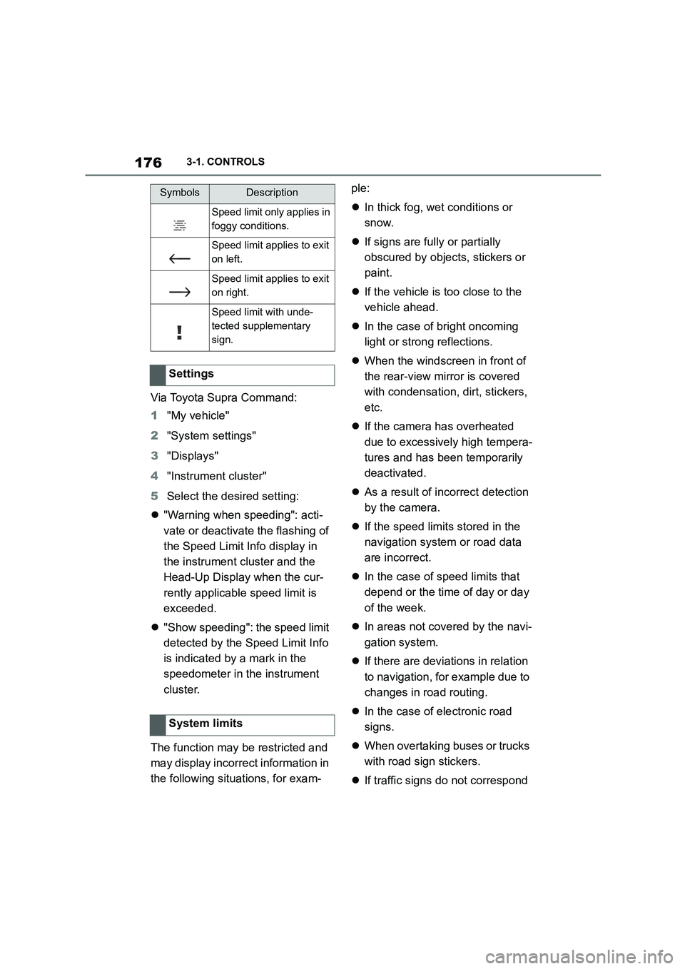 TOYOTA SUPRA 2022 Owners Manual 1763-1. CONTROLS
Via Toyota Supra Command:
1 "My vehicle"
2 "System settings"
3 "Displays"
4 "Instrument cluster"
5 Select the desired setting:
"Warning when speeding": acti-
vate or deacti TOYOTA SUPRA 2022 Owners Manual 1763-1. CONTROLS
Via Toyota Supra Command:
1 "My vehicle"
2 "System settings"
3 "Displays"
4 "Instrument cluster"
5 Select the desired setting:
"Warning when speeding": acti-
vate or deacti