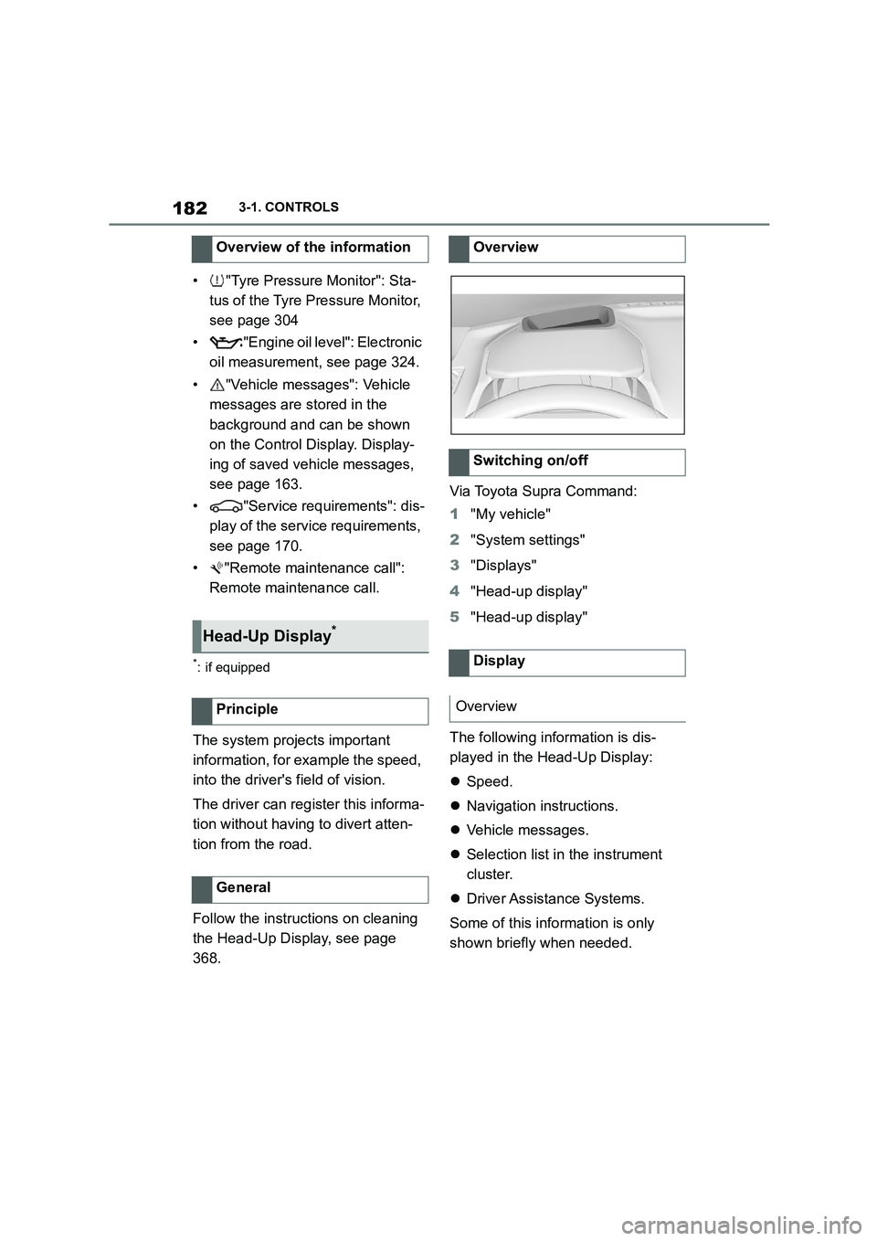 TOYOTA SUPRA 2022 Owners Manual 1823-1. CONTROLS
• "Tyre Pressure Monitor": Sta-
tus of the Tyre Pressure Monitor,
see page 304
• "Engine oil leve l": Electronic
oil measurement, see page 324.
• "Vehicle messages": Vehic TOYOTA SUPRA 2022 Owners Manual 1823-1. CONTROLS
• "Tyre Pressure Monitor": Sta-
tus of the Tyre Pressure Monitor,
see page 304
• "Engine oil leve l": Electronic
oil measurement, see page 324.
• "Vehicle messages": Vehic