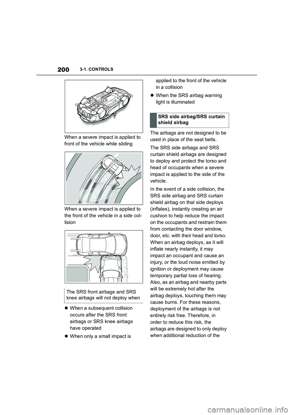 TOYOTA SUPRA 2022 Owners Manual 2003-1. CONTROLS
When a severe impact is applied to
front of the vehicle while sliding
When a severe impact is applied to
the front of the vehicle in a side col-
lision
When a subsequent co TOYOTA SUPRA 2022 Owners Manual 2003-1. CONTROLS
When a severe impact is applied to
front of the vehicle while sliding
When a severe impact is applied to
the front of the vehicle in a side col-
lision
When a subsequent co