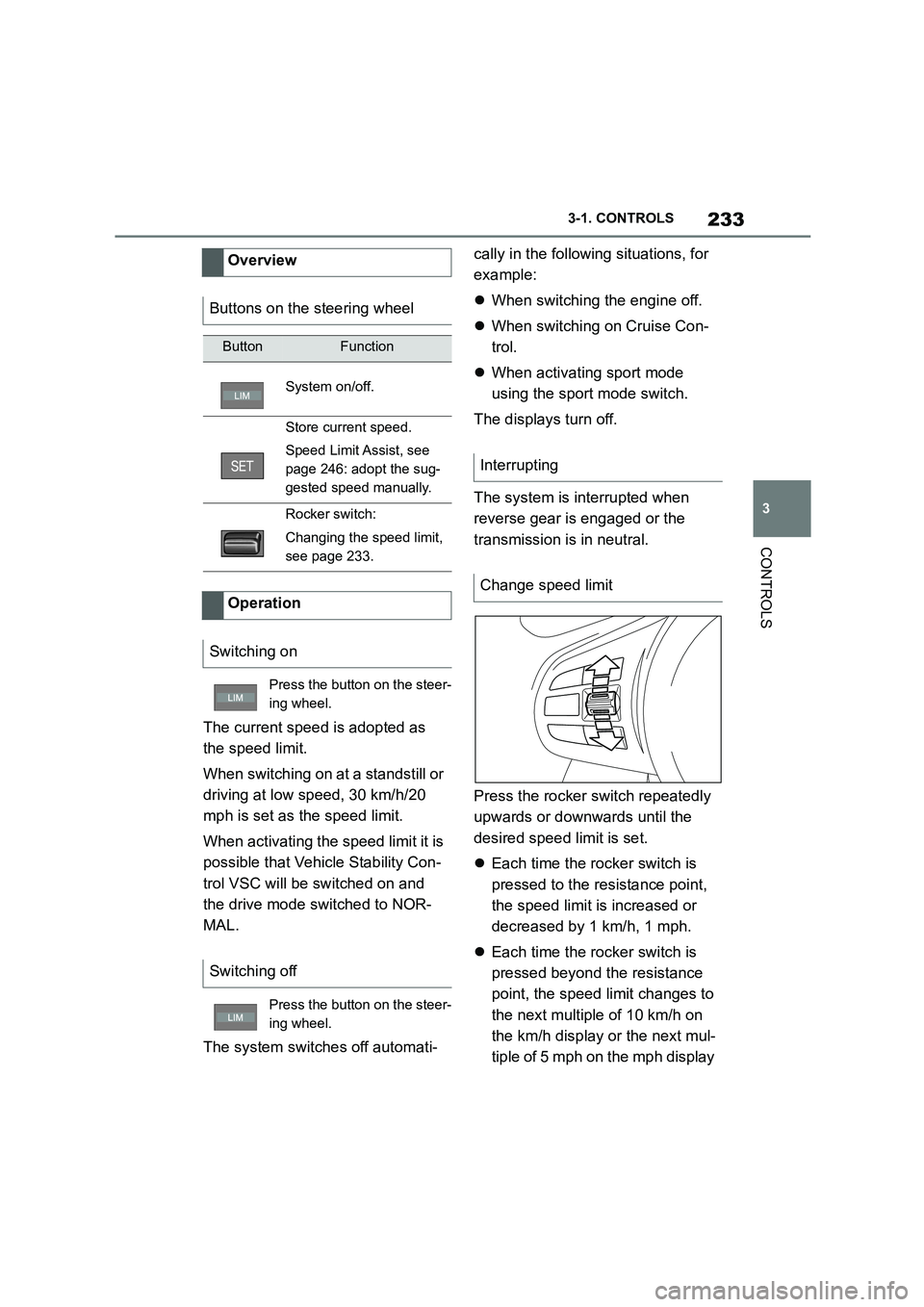 TOYOTA SUPRA 2022 Owners Manual 233
3
3-1. CONTROLS
CONTROLS
The current speed is adopted as
the speed limit.
When switching on at a standstill or
driving at low speed, 30 km/h/20
mph is set as the speed limit.
When activat TOYOTA SUPRA 2022 Owners Manual 233
3
3-1. CONTROLS
CONTROLS
The current speed is adopted as
the speed limit.
When switching on at a standstill or
driving at low speed, 30 km/h/20
mph is set as the speed limit.
When activat