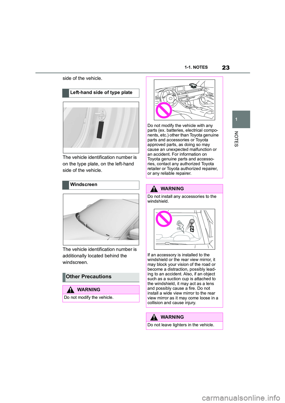 TOYOTA SUPRA 2022 Owners Manual 23
1 
1-1. NOTES
NOTES
side of the vehicle. 
The vehicle identification number is  
on the type plate, on the left-hand 
side of the vehicle. 
The vehicle identification number is  
additionally locat
