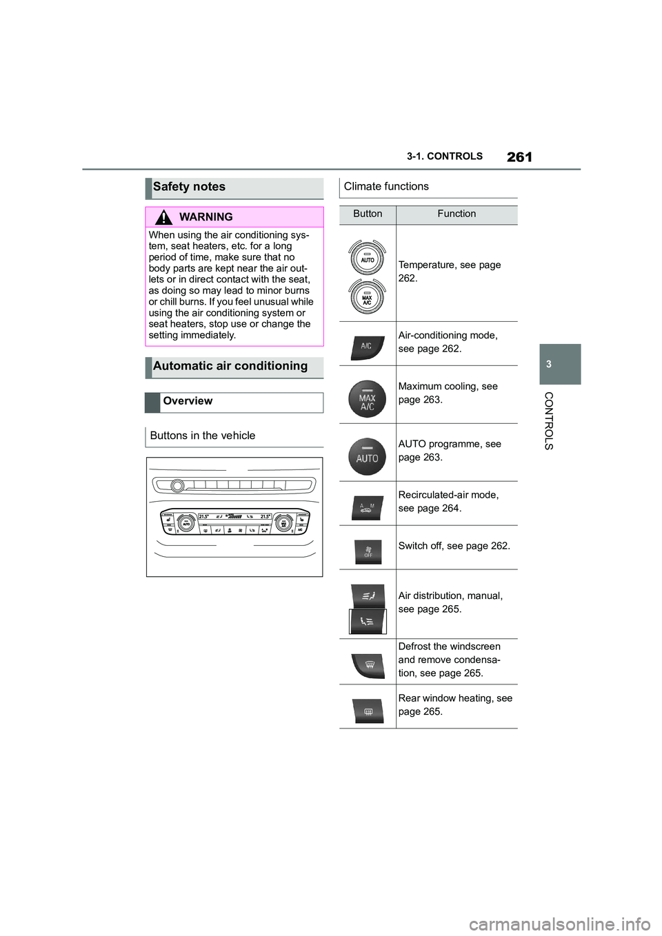 TOYOTA SUPRA 2022 Owners Manual 261
3
3-1. CONTROLS
CONTROLS
Safety notes
WA R N I N G
When using the air conditioning sys- tem, seat heaters, etc. for a long
period of time, make sure that no
body parts are kept near the air ou TOYOTA SUPRA 2022 Owners Manual 261
3
3-1. CONTROLS
CONTROLS
Safety notes
WA R N I N G
When using the air conditioning sys- tem, seat heaters, etc. for a long
period of time, make sure that no
body parts are kept near the air ou