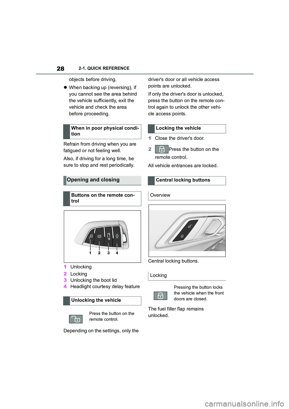 TOYOTA SUPRA 2022 Owners Manual 282-1. QUICK REFERENCE
objects before driving. 
 When backing up (reversing), if  
you cannot see the area behind 
the vehicle sufficiently, exit the 
vehicle and check the area 
before proceeding.
