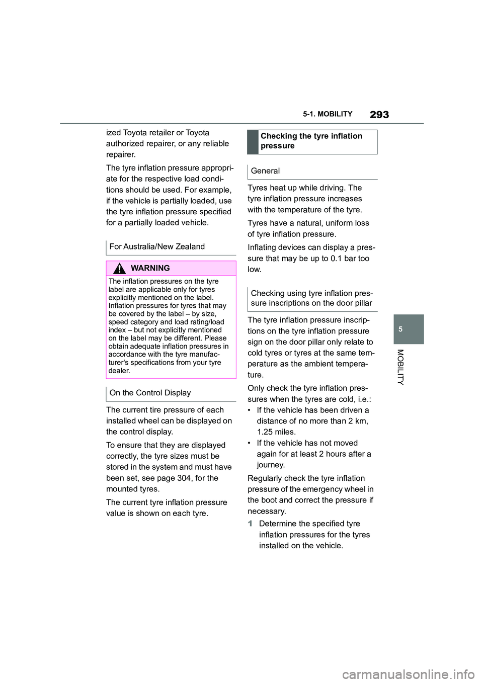 TOYOTA SUPRA 2022 Owners Manual 293
5
5-1. MOBILITY
MOBILITY
ized Toyota reta iler or Toyota
authorized repairer, or any reliable
repairer.
The tyre inflation pressure appropri-
ate for the respective load condi-
tions should TOYOTA SUPRA 2022 Owners Manual 293
5
5-1. MOBILITY
MOBILITY
ized Toyota reta iler or Toyota
authorized repairer, or any reliable
repairer.
The tyre inflation pressure appropri-
ate for the respective load condi-
tions should