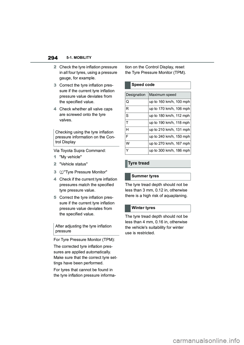 TOYOTA SUPRA 2022 Owners Manual 2945-1. MOBILITY
2Check the tyre inflation pressure
in all four tyres, using a pressure
gauge, for example.
3 Correct the tyre inflation pres-
sure if the current tyre inflation
pressure value d TOYOTA SUPRA 2022 Owners Manual 2945-1. MOBILITY
2Check the tyre inflation pressure
in all four tyres, using a pressure
gauge, for example.
3 Correct the tyre inflation pres-
sure if the current tyre inflation
pressure value d