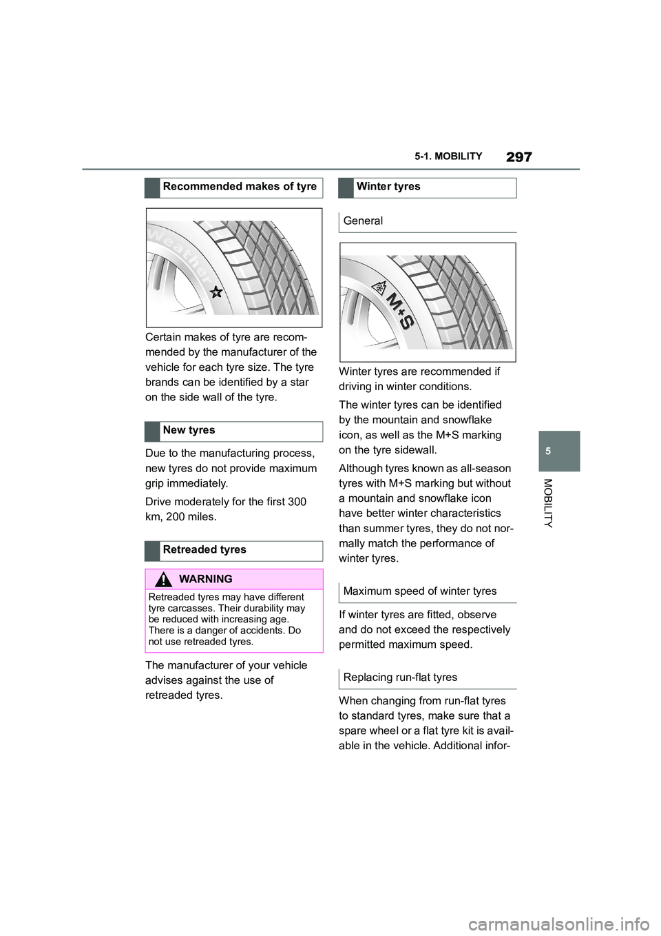TOYOTA SUPRA 2022 Owners Manual 297
5
5-1. MOBILITY
MOBILITY
Certain makes of tyre are recom-
mended by the manufacturer of the
vehicle for each tyre size. The tyre
brands can be identified by a star
on the side wall of the tyr TOYOTA SUPRA 2022 Owners Manual 297
5
5-1. MOBILITY
MOBILITY
Certain makes of tyre are recom-
mended by the manufacturer of the
vehicle for each tyre size. The tyre
brands can be identified by a star
on the side wall of the tyr