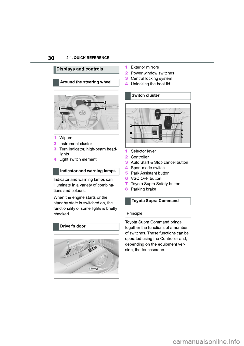 TOYOTA SUPRA 2022 Owners Manual 302-1. QUICK REFERENCE
1Wipers
2 Instrument cluster
3 Turn indicator, high-beam head-
lights
4 Light switch element
Indicator and warning lamps can
illuminate in a variety of combina-
tions and TOYOTA SUPRA 2022 Owners Manual 302-1. QUICK REFERENCE
1Wipers
2 Instrument cluster
3 Turn indicator, high-beam head-
lights
4 Light switch element
Indicator and warning lamps can
illuminate in a variety of combina-
tions and