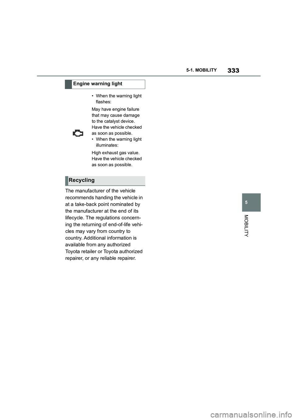 TOYOTA SUPRA 2022 Owners Manual 333
5
5-1. MOBILITY
MOBILITY
The manufacturer of the vehicle
recommends handing the vehicle in
at a take-back point nominated by
the manufacturer at the end of its
lifecycle. The regulations con TOYOTA SUPRA 2022 Owners Manual 333
5
5-1. MOBILITY
MOBILITY
The manufacturer of the vehicle
recommends handing the vehicle in
at a take-back point nominated by
the manufacturer at the end of its
lifecycle. The regulations con