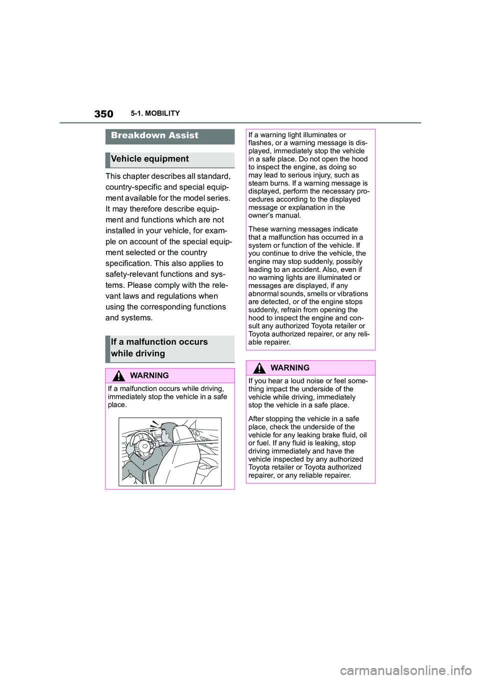 TOYOTA SUPRA 2022 Owners Manual 3505-1. MOBILITY
This chapter describes all standard,
country-specific and special equip-
ment available for the model series.
It may therefore describe equip-
ment and functions which are not
ins TOYOTA SUPRA 2022 Owners Manual 3505-1. MOBILITY
This chapter describes all standard,
country-specific and special equip-
ment available for the model series.
It may therefore describe equip-
ment and functions which are not
ins