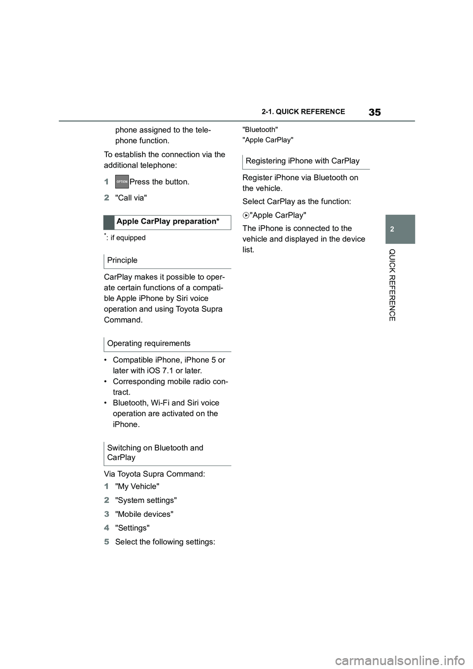 TOYOTA SUPRA 2022 Owners Guide 35
2
2-1. QUICK REFERENCE
QUICK REFERENCE
phone assigned to the tele-
phone function.
To establish the connection via the
additional telephone:
1 Press the button.
2 "Call via"
*: if equipped
C TOYOTA SUPRA 2022 Owners Guide 35
2
2-1. QUICK REFERENCE
QUICK REFERENCE
phone assigned to the tele-
phone function.
To establish the connection via the
additional telephone:
1 Press the button.
2 "Call via"
*: if equipped
C