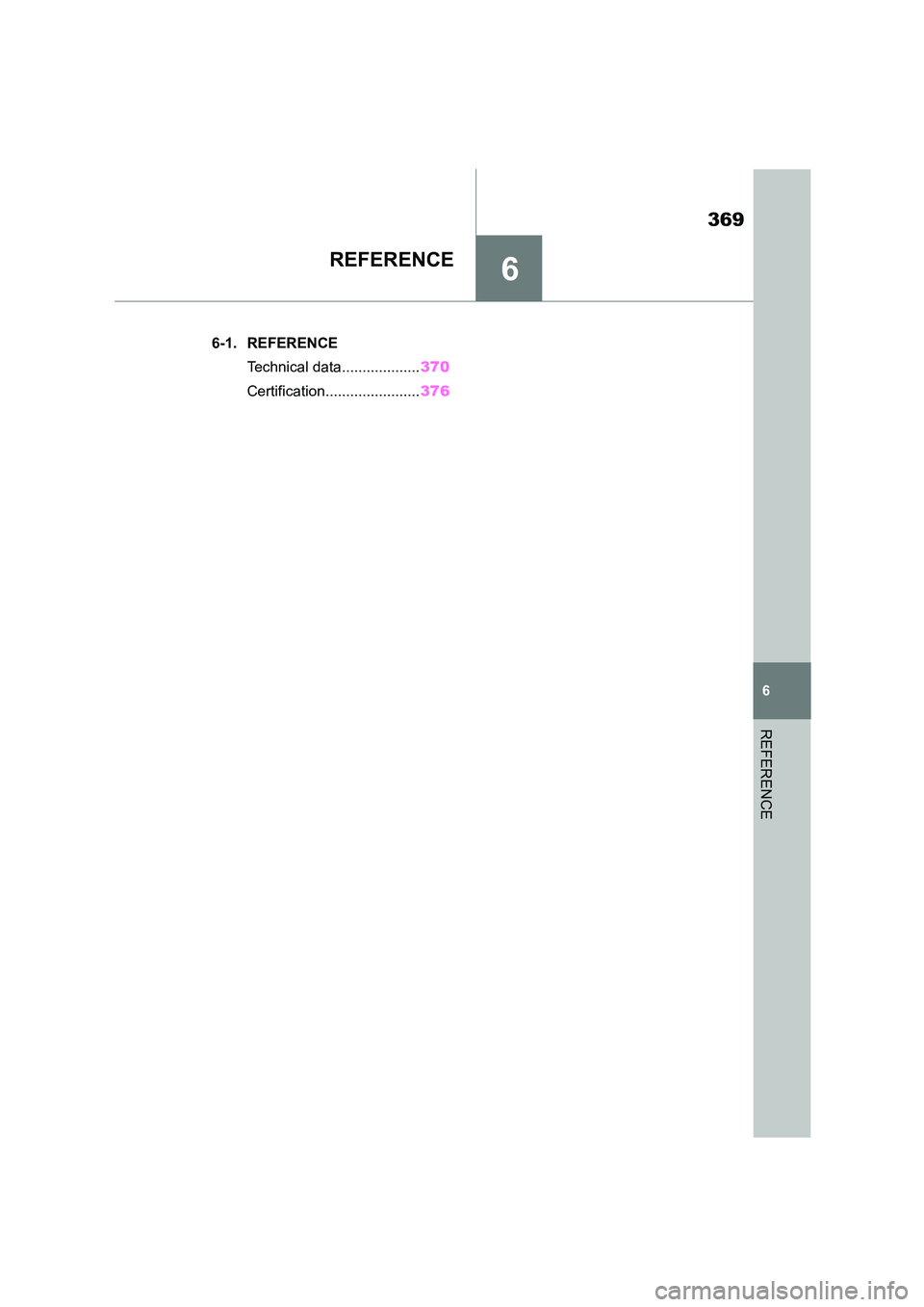 TOYOTA SUPRA 2022  Owners Manual 6
369
6
REFERENCE
REFERENCE
.6-1. REFERENCE 
Technical data................... 370 
Certification....................... 376 