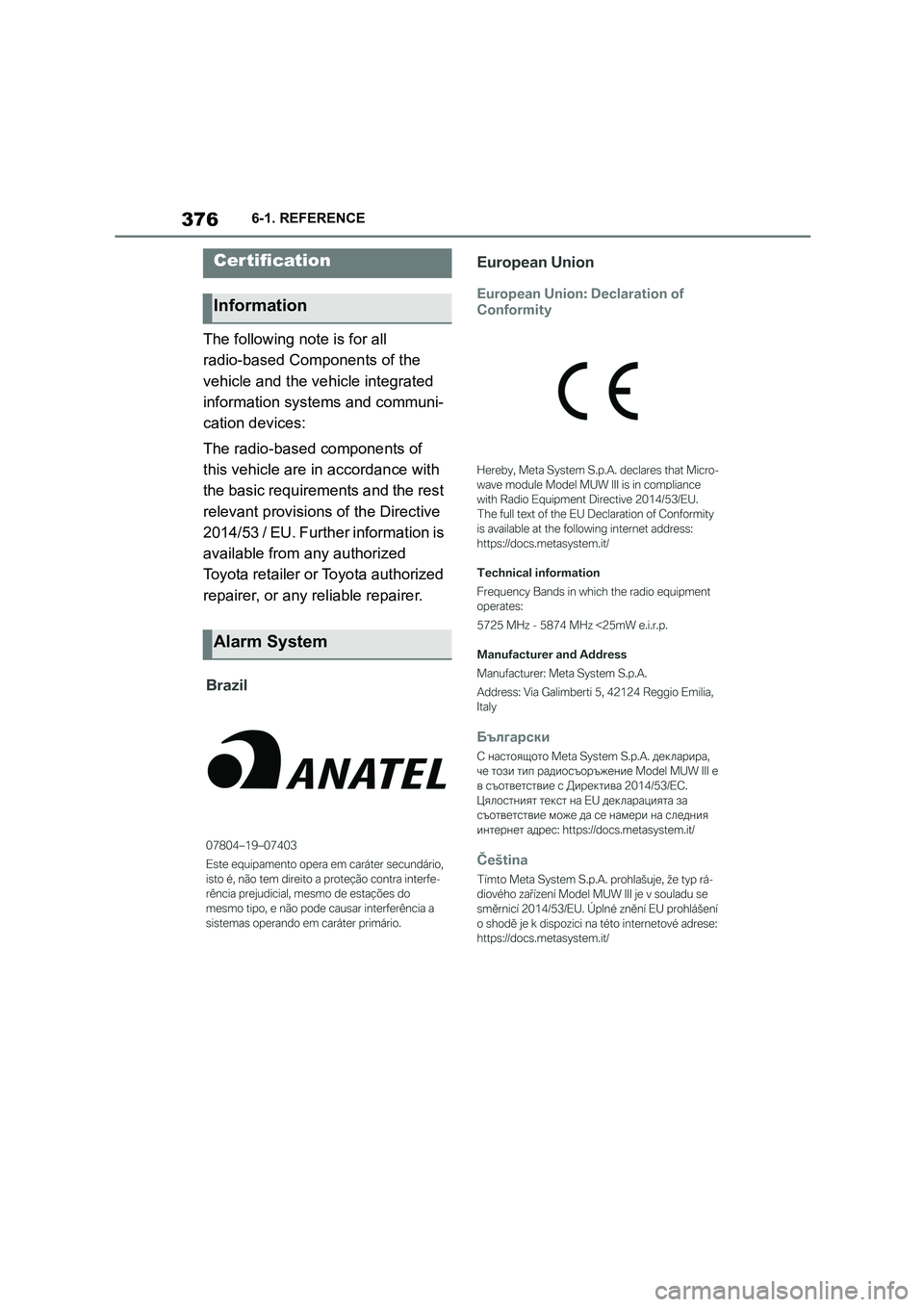TOYOTA SUPRA 2022  Owners Manual 3766-1. REFERENCE
The following note is for all  
radio-based Components of the 
vehicle and the vehicle integrated 
information systems and communi-
cation devices: 
The radio-based components of  
t