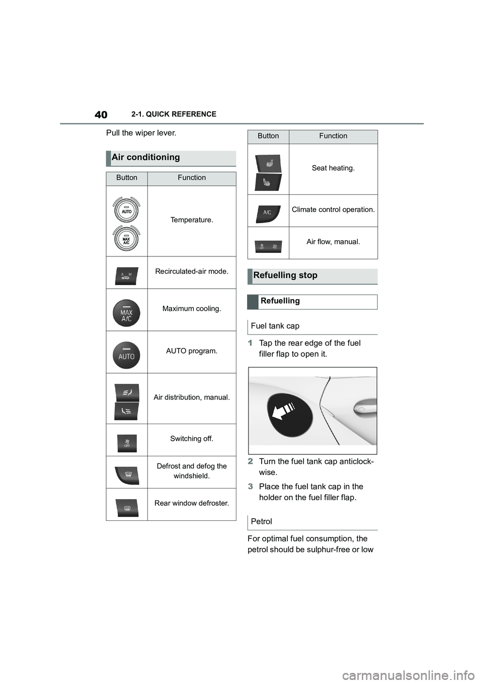 TOYOTA SUPRA 2022 Service Manual 402-1. QUICK REFERENCE
Pull the wiper lever.
1 Tap the rear edge of the fuel
filler flap to open it.
2 Turn the fuel tank cap anticlock-
wise.
3 Place the fuel tank cap in the
holder on the fu TOYOTA SUPRA 2022 Service Manual 402-1. QUICK REFERENCE
Pull the wiper lever.
1 Tap the rear edge of the fuel
filler flap to open it.
2 Turn the fuel tank cap anticlock-
wise.
3 Place the fuel tank cap in the
holder on the fu