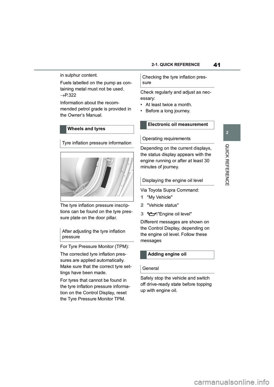 TOYOTA SUPRA 2022  Owners Manual 41
2 
2-1. QUICK REFERENCE
QUICK REFERENCE
in sulphur content. 
Fuels labelled on the pump as con- 
taining metal must not be used. 
 P. 3 2 2 
Information about the recom- 
mended petrol grade is 