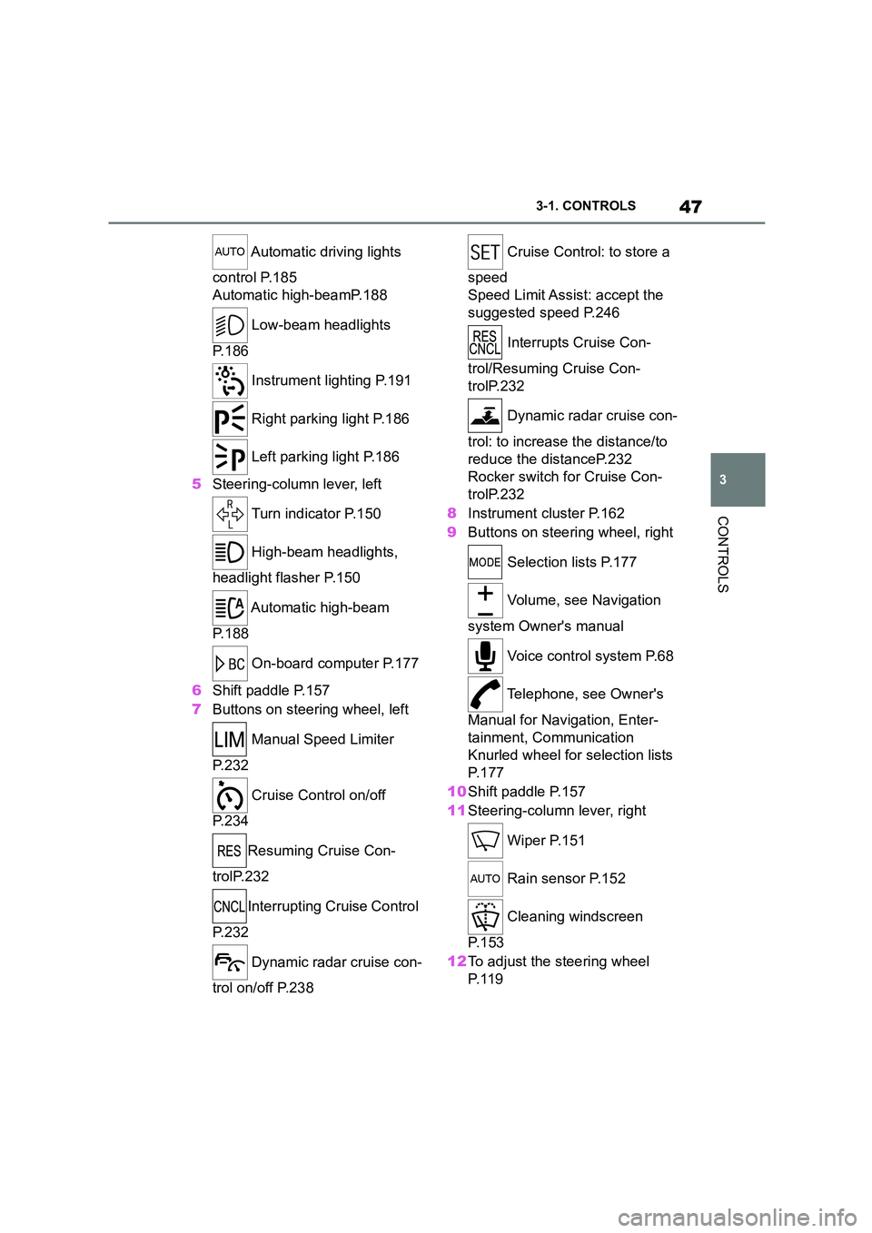 TOYOTA SUPRA 2022  Owners Manual 47
3 
3-1. CONTROLS
CONTROLS
 Automatic driving lights  
control P.185 
Automatic high-beamP.188 
 Low-beam headlights  
P. 1 8 6 
 Instrument lighting P.191 
 Right parking light P.186
 Left parking 