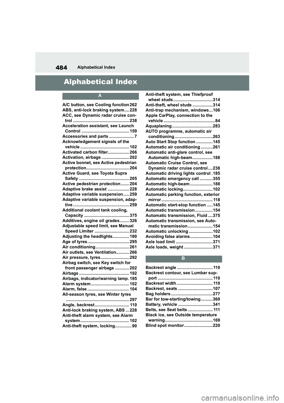 TOYOTA SUPRA 2022 Owners Manual 484Alphabetical Index
Alphabetical Index
A
A/C button, see Cooling function 262
ABS, anti-lock braking system .... 228
ACC, see Dynamic radar cruise con-
trol ...................................... TOYOTA SUPRA 2022 Owners Manual 484Alphabetical Index
Alphabetical Index
A
A/C button, see Cooling function 262
ABS, anti-lock braking system .... 228
ACC, see Dynamic radar cruise con-
trol ......................................