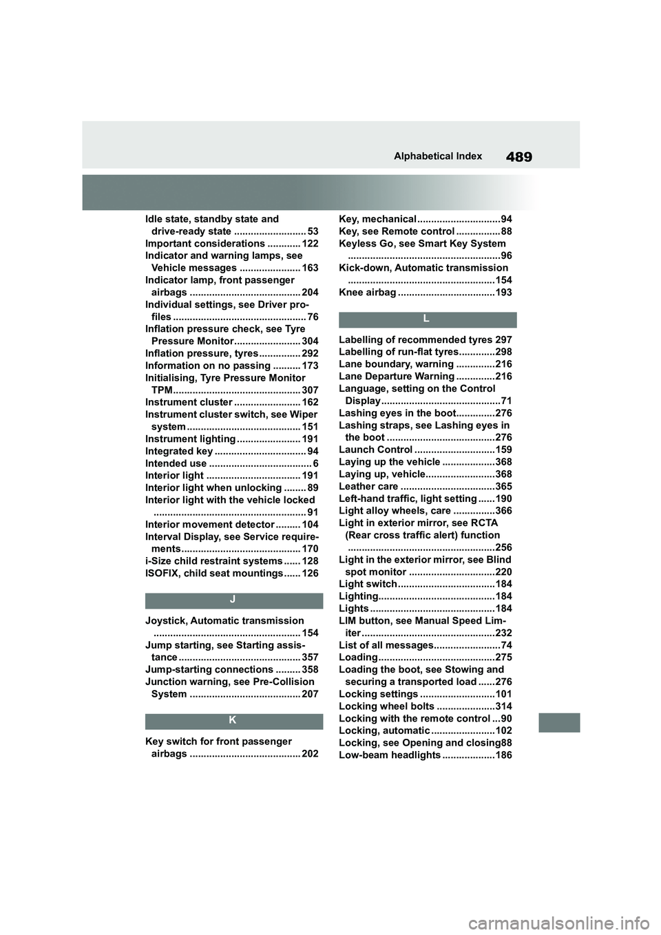 TOYOTA SUPRA 2022 Owners Manual 489Alphabetical Index
Idle state, standby state and
drive-ready state .......................... 53
Important considerations ............ 122
Indicator and warning lamps, see
Vehicle messages ... TOYOTA SUPRA 2022 Owners Manual 489Alphabetical Index
Idle state, standby state and
drive-ready state .......................... 53
Important considerations ............ 122
Indicator and warning lamps, see
Vehicle messages ...