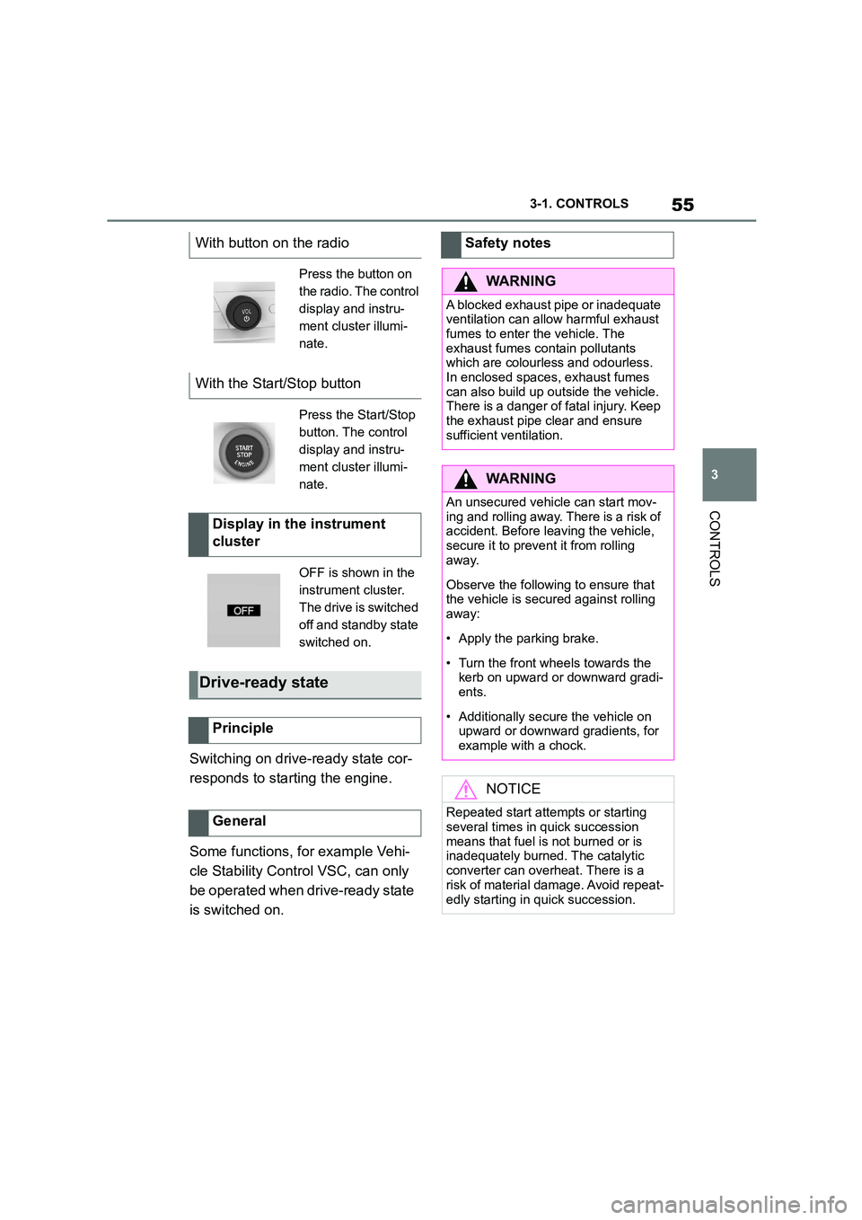 TOYOTA SUPRA 2022 Workshop Manual 55
3 
3-1. CONTROLS
CONTROLS
Switching on drive-ready state cor- 
responds to starting the engine. 
Some functions, for example Vehi- 
cle Stability Control VSC, can only 
be operated when drive-ready