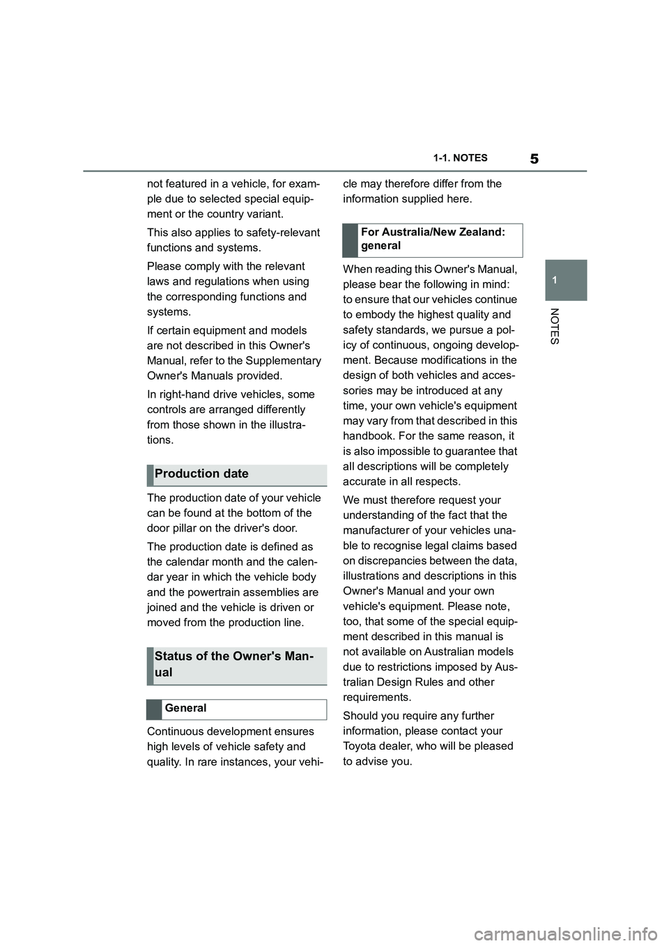 TOYOTA SUPRA 2022 Owners Manual 5
1
1-1. NOTES
NOTES
not featured in a vehicle, for exam-
ple due to selected special equip-
ment or the country variant.
This also applies to safety-relevant
functions and systems.
Please compl TOYOTA SUPRA 2022 Owners Manual 5
1
1-1. NOTES
NOTES
not featured in a vehicle, for exam-
ple due to selected special equip-
ment or the country variant.
This also applies to safety-relevant
functions and systems.
Please compl