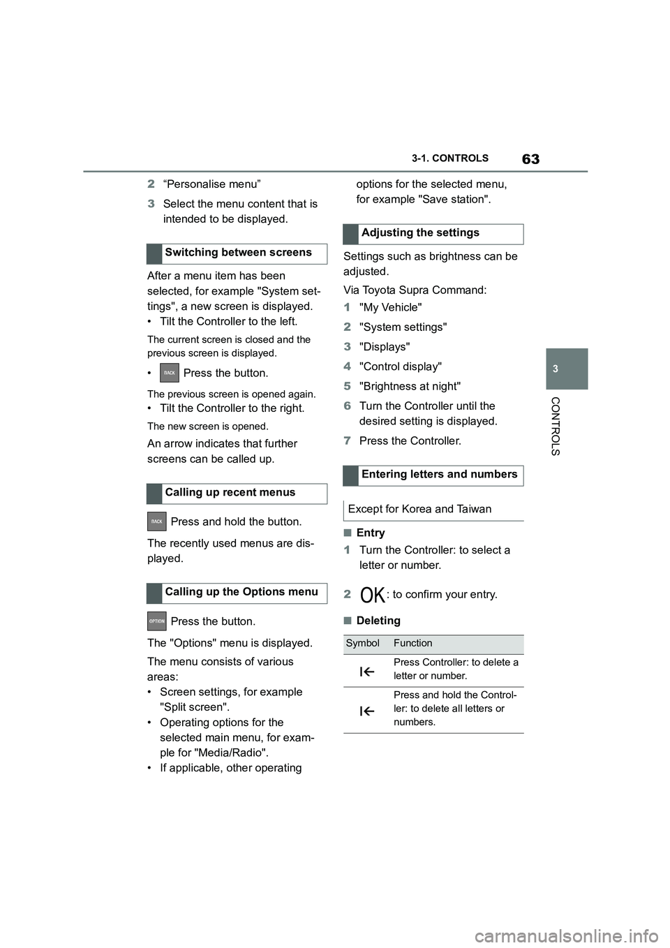 TOYOTA SUPRA 2022 Repair Manual 63
3
3-1. CONTROLS
CONTROLS
2 “Personalise menu”
3 Select the menu content that is
intended to be displayed.
After a menu item has been
selected, for example "System set-
tings", a new scre TOYOTA SUPRA 2022 Repair Manual 63
3
3-1. CONTROLS
CONTROLS
2 “Personalise menu”
3 Select the menu content that is
intended to be displayed.
After a menu item has been
selected, for example "System set-
tings", a new scre