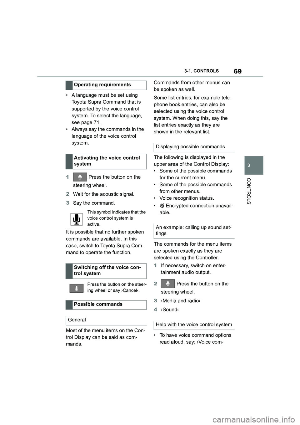 TOYOTA SUPRA 2022  Owners Manual 69
3 
3-1. CONTROLS
CONTROLS
• A language must be set using  
Toyota Supra Command that is 
supported by the voice control 
system. To select the language, 
see page 71.
• Always say the commands 