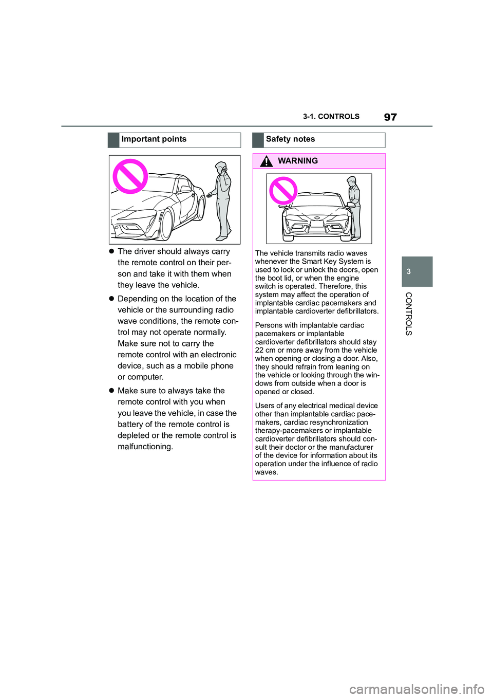 TOYOTA SUPRA 2022 Owners Manual 97
3
3-1. CONTROLS
CONTROLS
The driver should always carry
the remote control on their per-
son and take it with them when
they leave the vehicle.
Depending on the location of the
vehic TOYOTA SUPRA 2022 Owners Manual 97
3
3-1. CONTROLS
CONTROLS
The driver should always carry
the remote control on their per-
son and take it with them when
they leave the vehicle.
Depending on the location of the
vehic