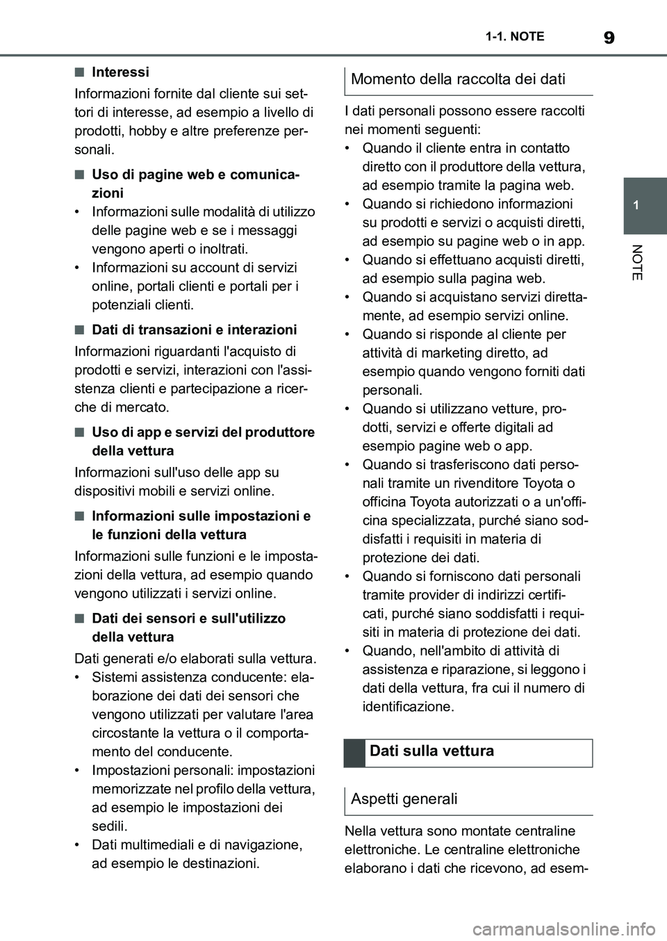 TOYOTA SUPRA 2022  Manuale duso (in Italian) 9
1 1-1. NOTE
NOTE
■Interessi
Informazioni fornite dal cliente sui set-
tori di interesse, ad esempio a livello di 
prodotti, hobby e altre preferenze per-
sonali.
■Uso di pagine web e comunica-
z