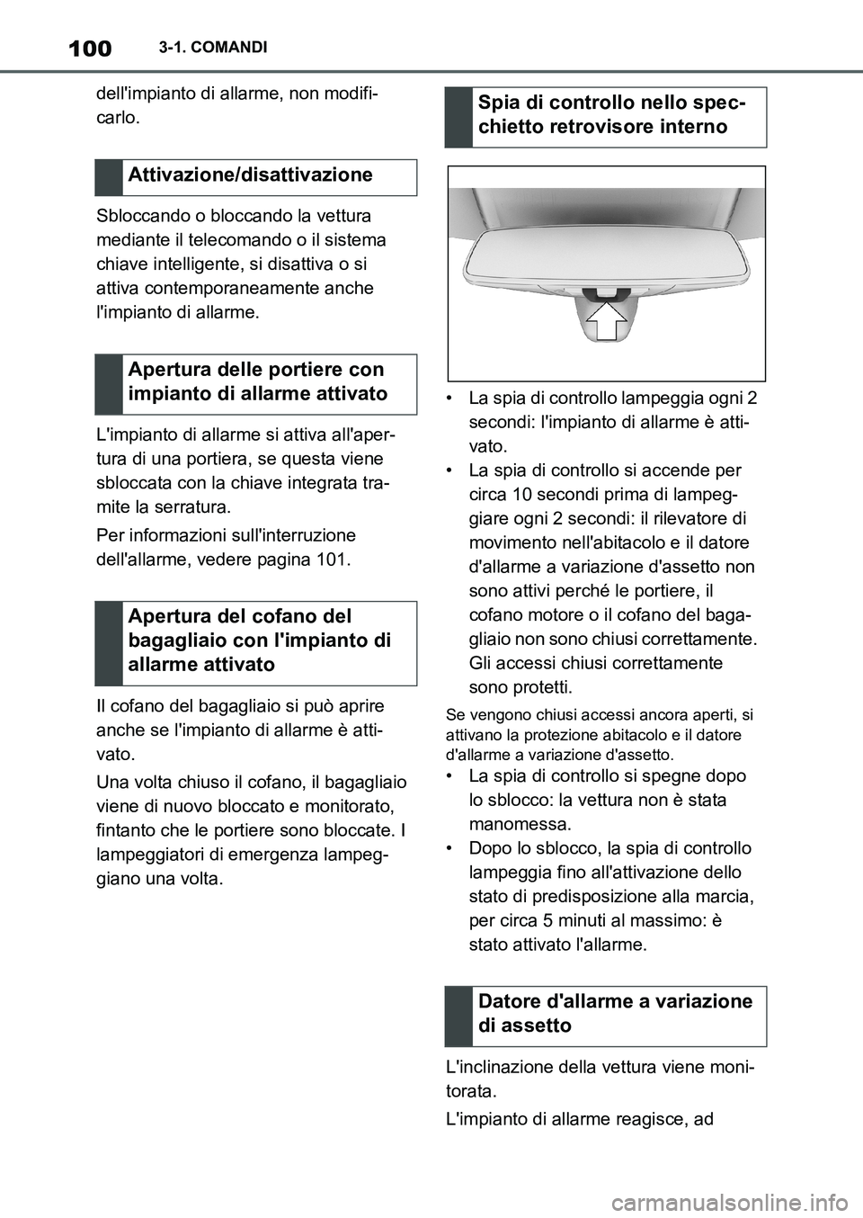 TOYOTA SUPRA 2022 Manuale duso (in Italian) 1003-1. COMANDI
dellimpianto di allarme, non modifi-
carlo.
Sbloccando o bloccando la vettura
mediante il telecomando o il sistema
chiave intelligente, si disattiva o si
attiva contemporaneamente TOYOTA SUPRA 2022 Manuale duso (in Italian) 1003-1. COMANDI
dellimpianto di allarme, non modifi-
carlo.
Sbloccando o bloccando la vettura
mediante il telecomando o il sistema
chiave intelligente, si disattiva o si
attiva contemporaneamente