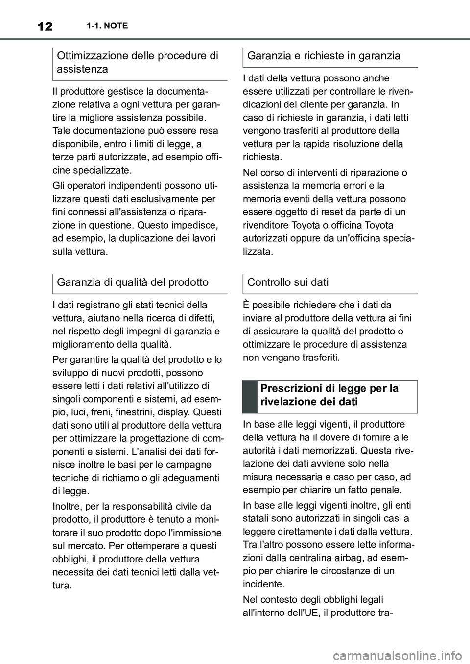 TOYOTA SUPRA 2022 Manuale duso (in Italian) 121-1. NOTE
Il produttore gestisce la documenta-
zione relativa a ogni vettura per garan-
tire la migliore assistenza possibile.
Tale documentazione può essere resa
disponibile, entro i limiti di l TOYOTA SUPRA 2022 Manuale duso (in Italian) 121-1. NOTE
Il produttore gestisce la documenta-
zione relativa a ogni vettura per garan-
tire la migliore assistenza possibile.
Tale documentazione può essere resa
disponibile, entro i limiti di l