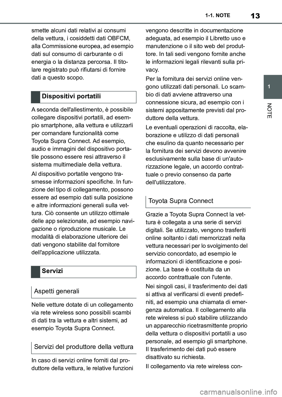 TOYOTA SUPRA 2022  Manuale duso (in Italian) 13
1 1-1. NOTE
NOTE
smette alcuni dati relativi ai consumi 
della vettura, i cosiddetti dati OBFCM, 
alla Commissione europea, ad esempio 
dati sul consumo di carburante o di 
energia o la distanza pe