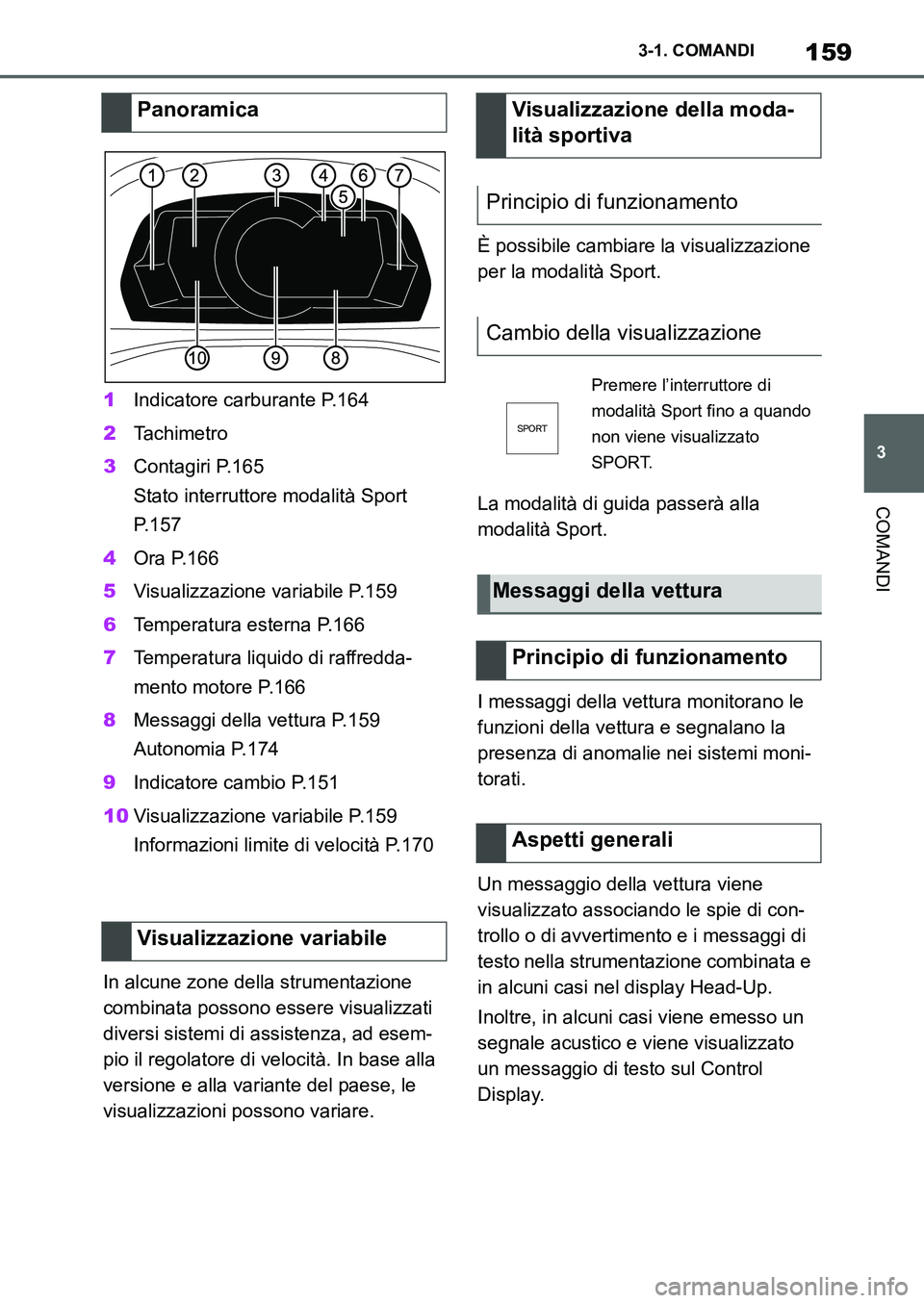 TOYOTA SUPRA 2022 Manuale duso (in Italian) 159
3 3-1. COMANDI
COMANDI
1Indicatore carburante P.164
2Ta c h i m e t r o
3Contagiri P.165
Stato interruttore modalità Sport
P.157
4Ora P.166
5Visualizzazione variabile P.159
6Temperatura esterna TOYOTA SUPRA 2022 Manuale duso (in Italian) 159
3 3-1. COMANDI
COMANDI
1Indicatore carburante P.164
2Ta c h i m e t r o
3Contagiri P.165
Stato interruttore modalità Sport
P.157
4Ora P.166
5Visualizzazione variabile P.159
6Temperatura esterna