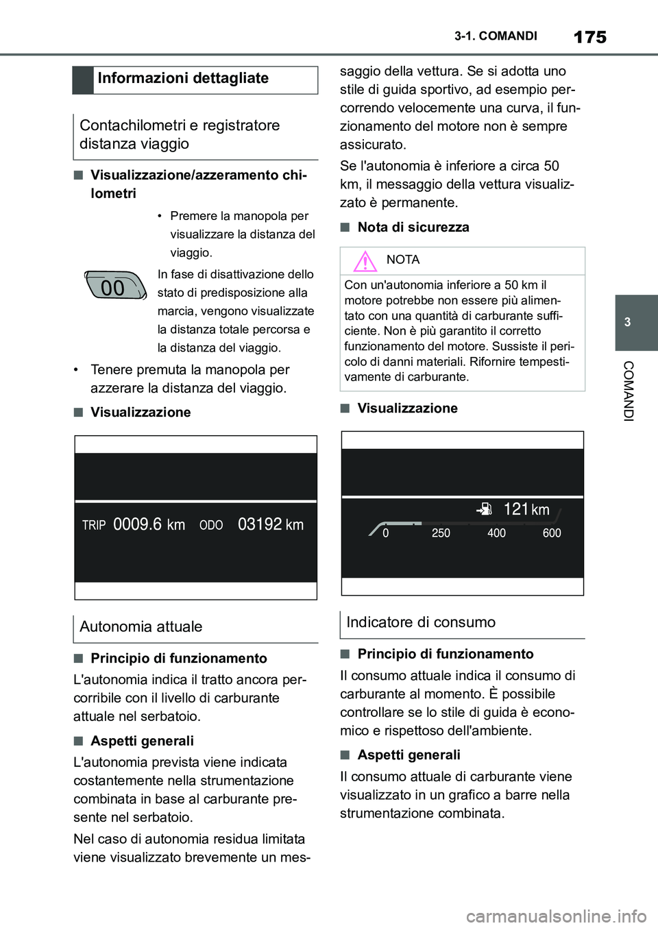 TOYOTA SUPRA 2022 Manuale duso (in Italian) 175
3 3-1. COMANDI
COMANDI
■Visualizzazione/azzeramento chi-
lometri
• Tenere premuta la manopola per
azzerare la distanza del viaggio.
■Visualizzazione
■Principio di funzionamento
Lautonomi TOYOTA SUPRA 2022 Manuale duso (in Italian) 175
3 3-1. COMANDI
COMANDI
■Visualizzazione/azzeramento chi-
lometri
• Tenere premuta la manopola per
azzerare la distanza del viaggio.
■Visualizzazione
■Principio di funzionamento
Lautonomi
