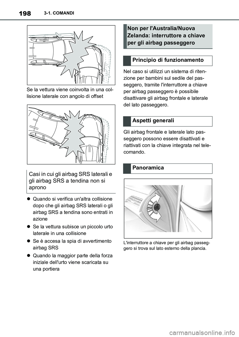 TOYOTA SUPRA 2022 Manuale duso (in Italian) 1983-1. COMANDI
Se la vettura viene coinvolta in una col-
lisione laterale con angolo di offset
Quando si verifica unaltra collisione
dopo che gli airbag SRS laterali o gli
airbag SRS a tendina TOYOTA SUPRA 2022 Manuale duso (in Italian) 1983-1. COMANDI
Se la vettura viene coinvolta in una col-
lisione laterale con angolo di offset
Quando si verifica unaltra collisione
dopo che gli airbag SRS laterali o gli
airbag SRS a tendina