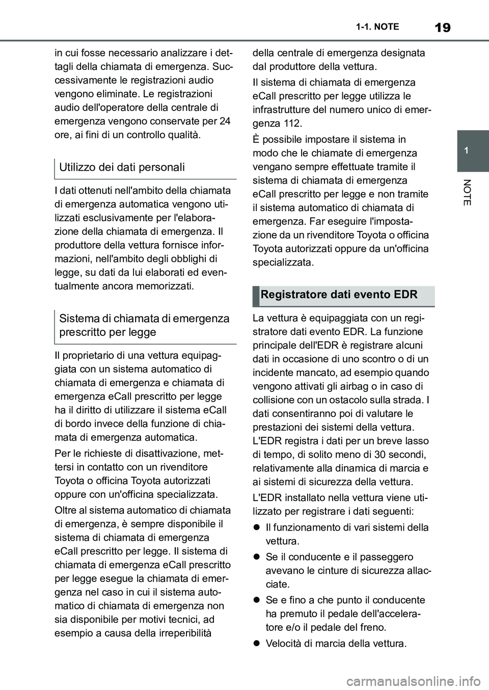 TOYOTA SUPRA 2022  Manuale duso (in Italian) 19
1 1-1. NOTE
NOTE
in cui fosse necessario analizzare i det-
tagli della chiamata di emergenza. Suc-
cessivamente le registrazioni audio 
vengono eliminate. Le registrazioni 
audio delloperatore del
