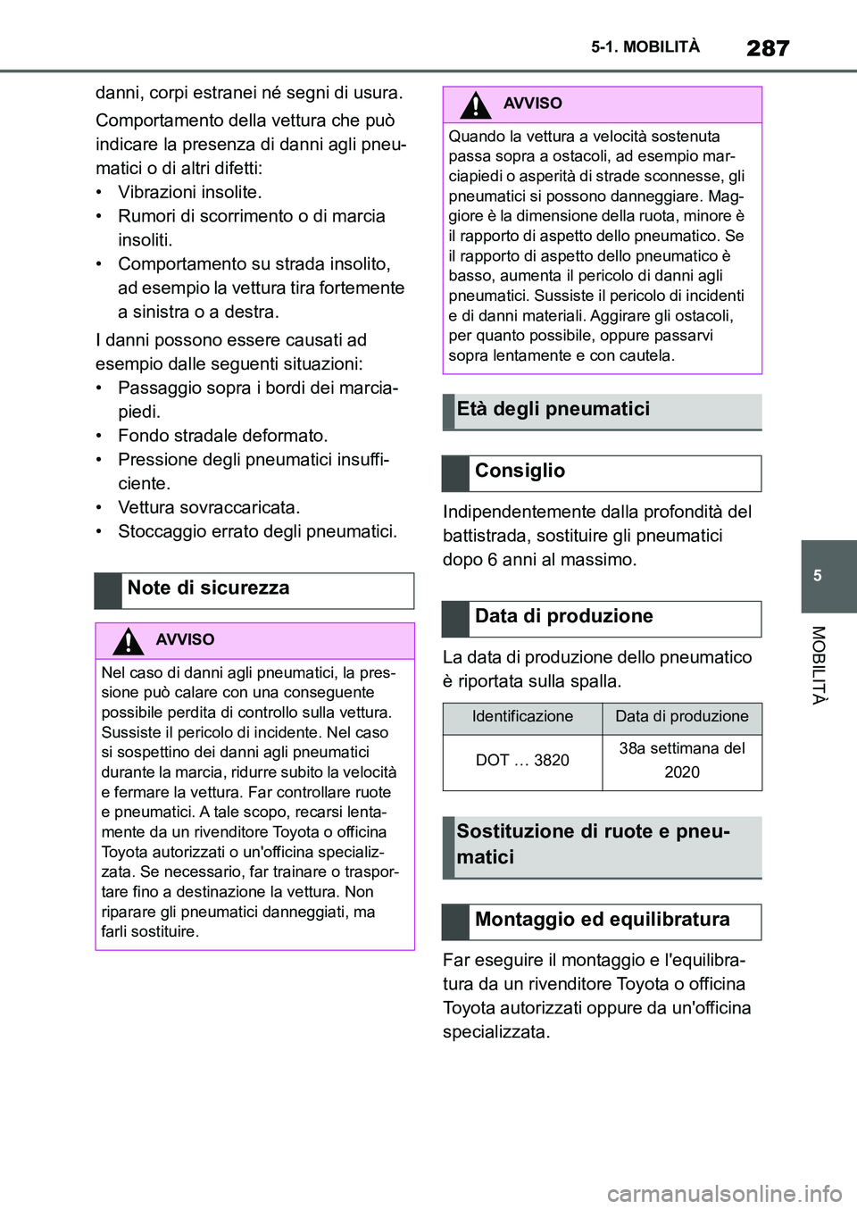 TOYOTA SUPRA 2022 Manuale duso (in Italian) 287
5 5-1. MOBILITÀ
MOBILITÀ
danni, corpi estranei né segni di usura.
Comportamento della vettura che può
indicare la presenza di danni agli pneu-
matici o di altri difetti:
• Vibrazioni insoli TOYOTA SUPRA 2022 Manuale duso (in Italian) 287
5 5-1. MOBILITÀ
MOBILITÀ
danni, corpi estranei né segni di usura.
Comportamento della vettura che può
indicare la presenza di danni agli pneu-
matici o di altri difetti:
• Vibrazioni insoli