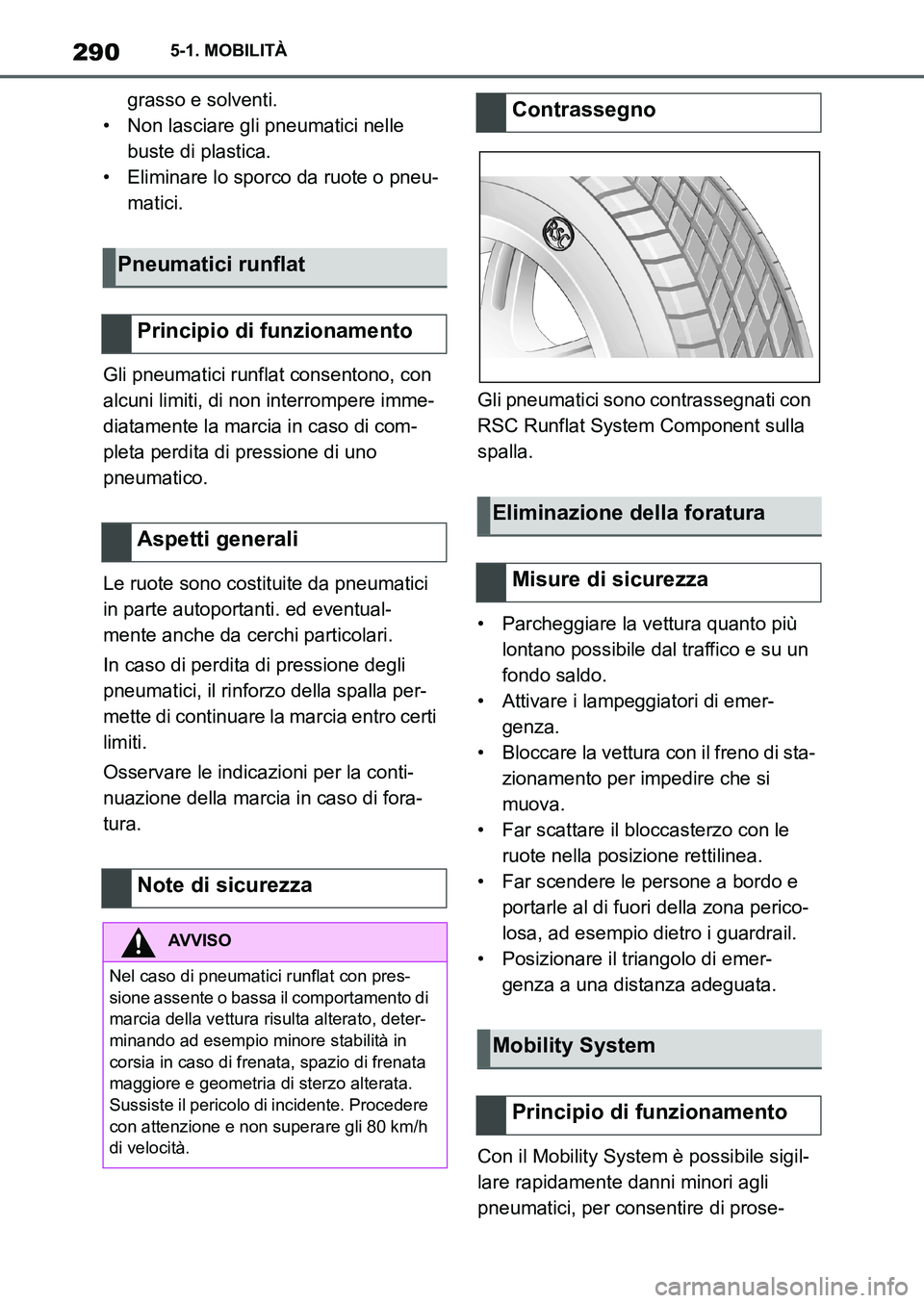 TOYOTA SUPRA 2022 Manuale duso (in Italian) 2905-1. MOBILITÀ
grasso e solventi.
• Non lasciare gli pneumatici nelle
buste di plastica.
• Eliminare lo sporco da ruote o pneu-
matici.
Gli pneumatici runflat consentono, con
alcuni limiti, d TOYOTA SUPRA 2022 Manuale duso (in Italian) 2905-1. MOBILITÀ
grasso e solventi.
• Non lasciare gli pneumatici nelle
buste di plastica.
• Eliminare lo sporco da ruote o pneu-
matici.
Gli pneumatici runflat consentono, con
alcuni limiti, d