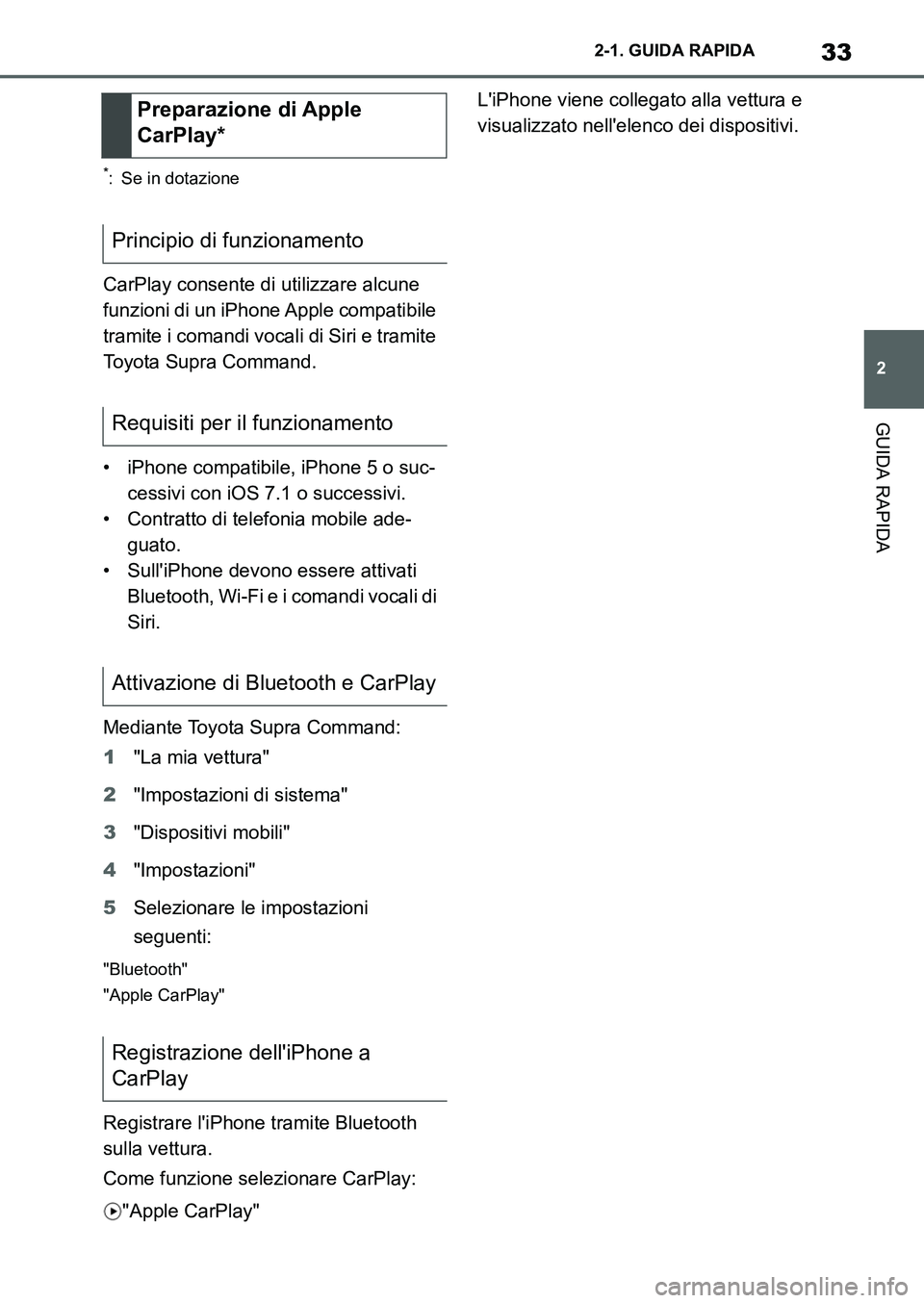 TOYOTA SUPRA 2022  Manuale duso (in Italian) 33
2 2-1. GUIDA RAPIDA
GUIDA RAPIDA
*: Se in dotazione
CarPlay consente di utilizzare alcune 
funzioni di un iPhone Apple compatibile 
tramite i comandi vocali di Siri e tramite 
Toyota Supra Command.