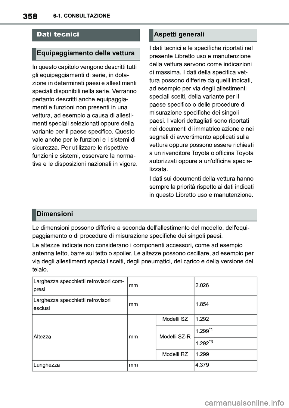 TOYOTA SUPRA 2022 Manuale duso (in Italian) 3586-1. CONSULTAZIONE
6-1.CONSULTAZIONE
In questo capitolo vengono descritti tutti
gli equipaggiamenti di serie, in dota-
zione in determinati paesi e allestimenti
speciali disponibili nella serie. TOYOTA SUPRA 2022 Manuale duso (in Italian) 3586-1. CONSULTAZIONE
6-1.CONSULTAZIONE
In questo capitolo vengono descritti tutti
gli equipaggiamenti di serie, in dota-
zione in determinati paesi e allestimenti
speciali disponibili nella serie.
