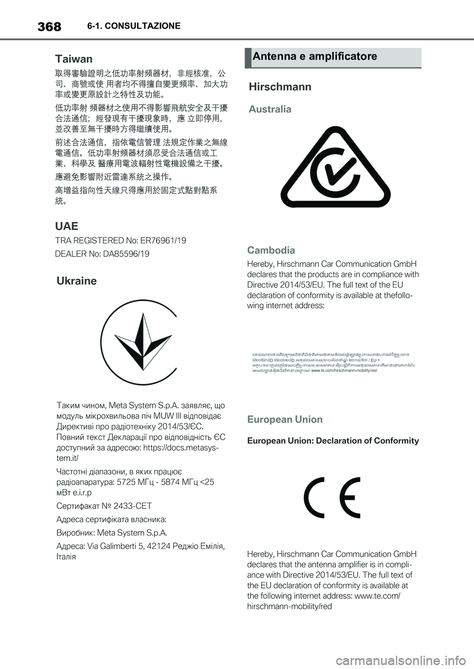 TOYOTA SUPRA 2022  Manuale duso (in Italian) 3686-1. CONSULTAZIONE
Antenna e amplificatore
Supra_OM_Italian_OM9A063L_1_2111.book  368 ページ  ２０２１年８月２７日　金曜日　午後６時５５分 