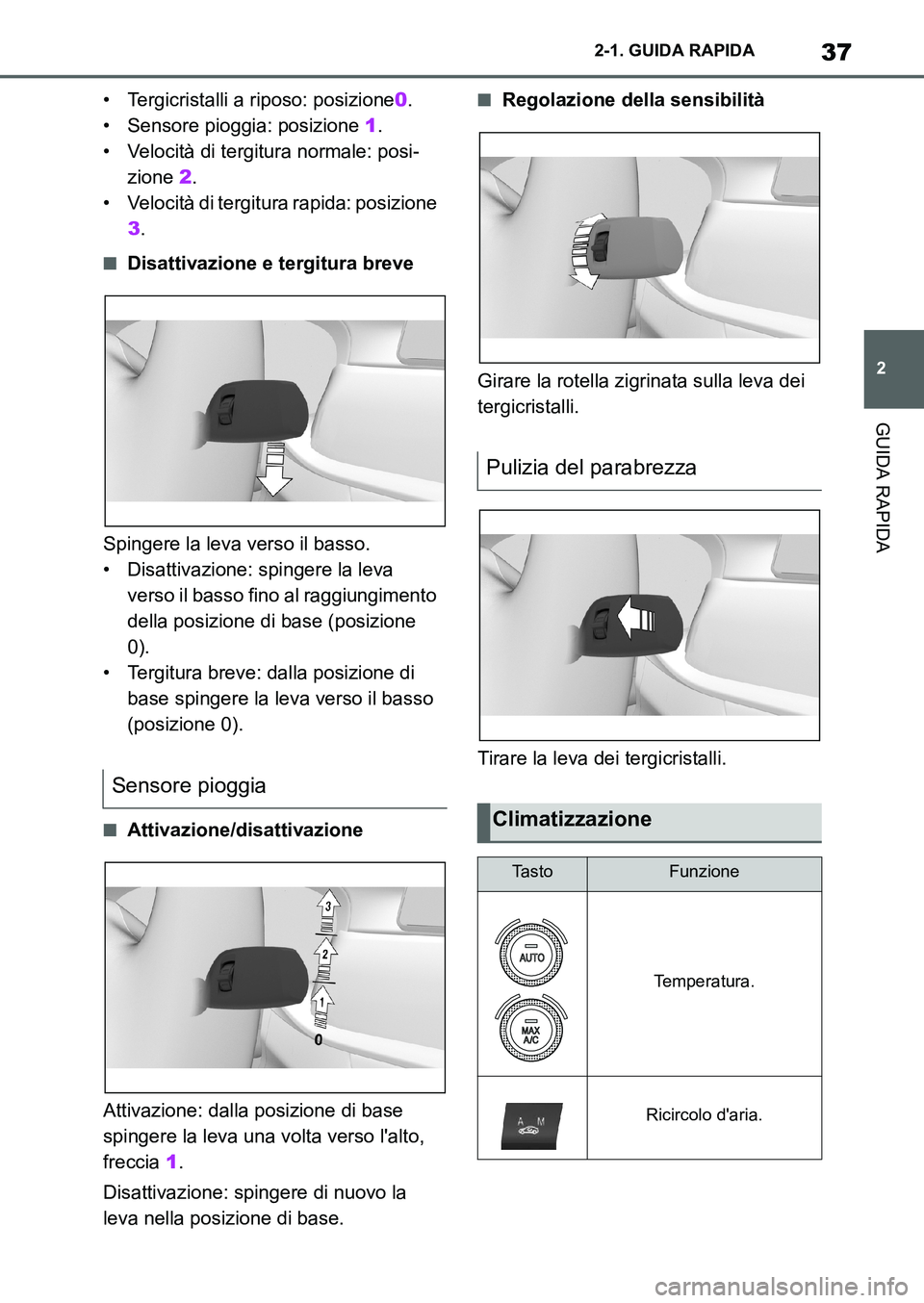 TOYOTA SUPRA 2022 Manuale duso (in Italian) 37
2 2-1. GUIDA RAPIDA
GUIDA RAPIDA
• Tergicristalli a riposo: posizione0.
• Sensore pioggia: posizione 1.
• Velocità di tergitura normale: posi-
zione 2.
• Velocità di tergitura rapida: pos TOYOTA SUPRA 2022 Manuale duso (in Italian) 37
2 2-1. GUIDA RAPIDA
GUIDA RAPIDA
• Tergicristalli a riposo: posizione0.
• Sensore pioggia: posizione 1.
• Velocità di tergitura normale: posi-
zione 2.
• Velocità di tergitura rapida: pos