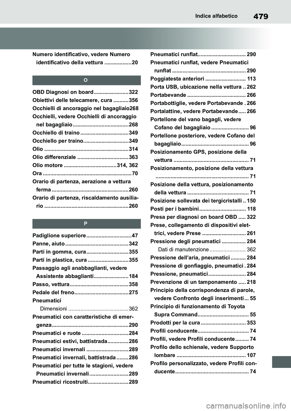 TOYOTA SUPRA 2022  Manuale duso (in Italian) 479Indice alfabetico
Numero identificativo, vedere Numero 
identificativo della vettura .................. 20
O
OBD Diagnosi on board ....................... 322
Obiettivi delle telecamere, cura .....