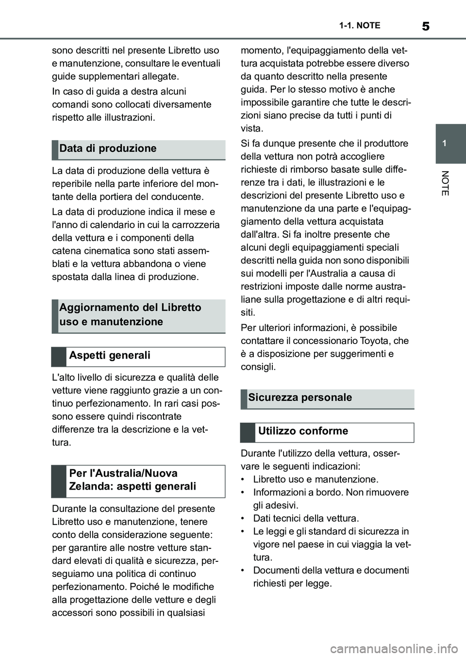 TOYOTA SUPRA 2022  Manuale duso (in Italian) 5
1 1-1. NOTE
NOTE
sono descritti nel presente Libretto uso 
e manutenzione, consultare le eventuali 
guide supplementari allegate.
In caso di guida a destra alcuni 
comandi sono collocati diversament