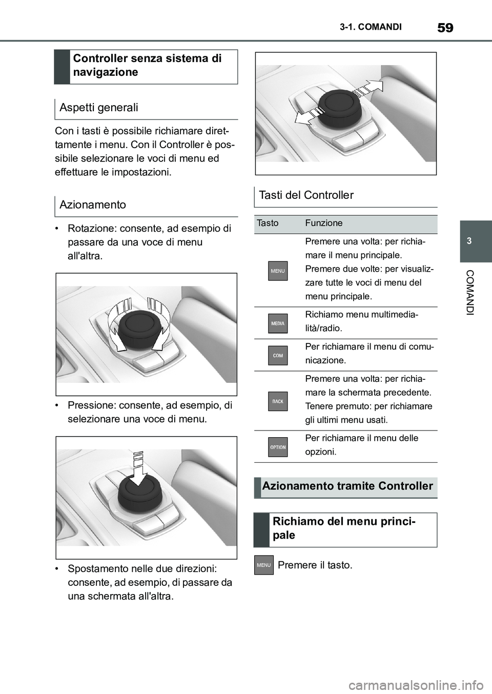 TOYOTA SUPRA 2022 Manuale duso (in Italian) 59
3 3-1. COMANDI
COMANDI
Con i tasti è possibile richiamare diret-
tamente i menu. Con il Controller è pos-
sibile selezionare le voci di menu ed
effettuare le impostazioni.
• Rotazione: consent TOYOTA SUPRA 2022 Manuale duso (in Italian) 59
3 3-1. COMANDI
COMANDI
Con i tasti è possibile richiamare diret-
tamente i menu. Con il Controller è pos-
sibile selezionare le voci di menu ed
effettuare le impostazioni.
• Rotazione: consent