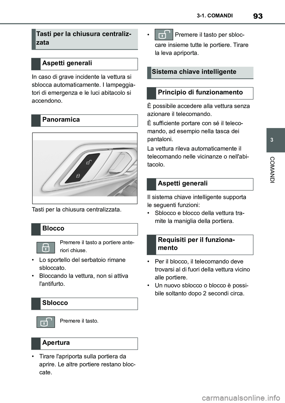 TOYOTA SUPRA 2022 Manuale duso (in Italian) 93
3 3-1. COMANDI
COMANDI
In caso di grave incidente la vettura si
sblocca automaticamente. I lampeggia-
tori di emergenza e le luci abitacolo si
accendono.
Tasti per la chiusura centralizzata.
• TOYOTA SUPRA 2022 Manuale duso (in Italian) 93
3 3-1. COMANDI
COMANDI
In caso di grave incidente la vettura si
sblocca automaticamente. I lampeggia-
tori di emergenza e le luci abitacolo si
accendono.
Tasti per la chiusura centralizzata.
•