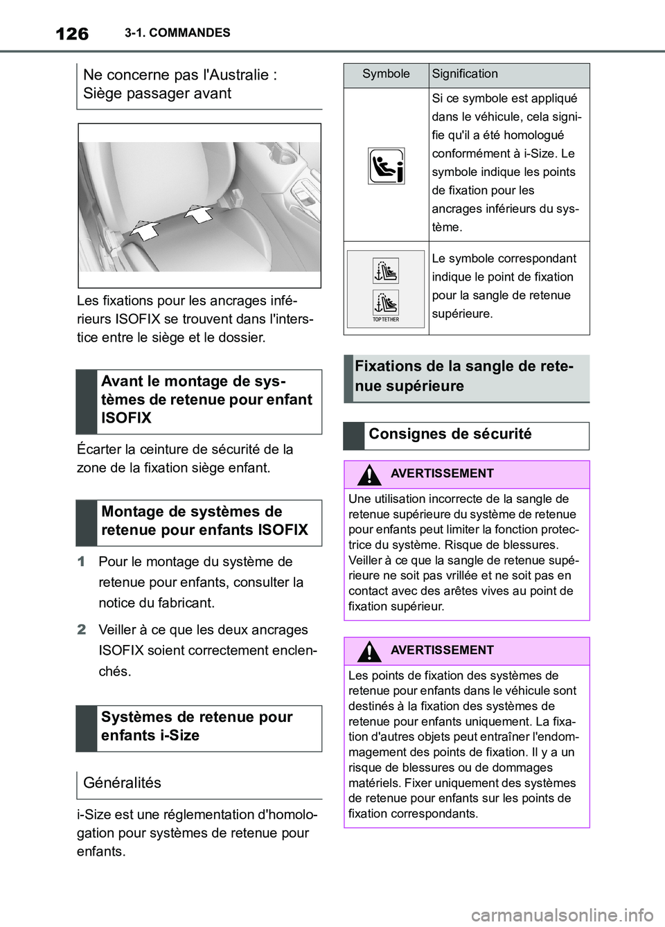 TOYOTA SUPRA 2022  Notices Demploi (in French) 1263-1. COMMANDES
Les fixations pour les ancrages infé-
rieurs ISOFIX se trouvent dans linters-
tice entre le siège et le dossier.
Écarter la ceinture de sécurité de la 
zone de la fixation siè