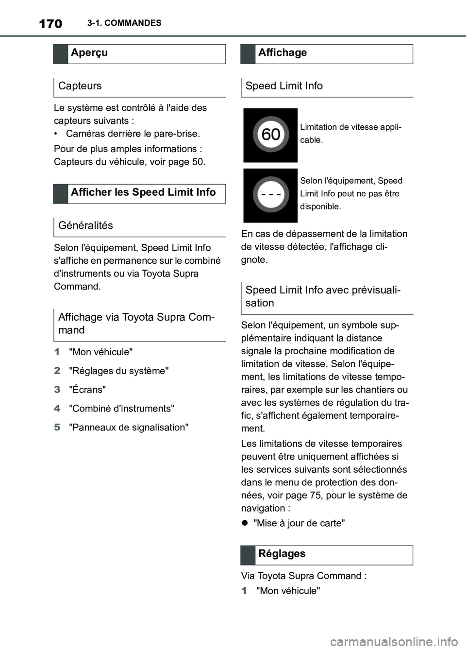 TOYOTA SUPRA 2022  Notices Demploi (in French) 1703-1. COMMANDES
Le système est contrôlé à laide des 
capteurs suivants :
• Caméras derrière le pare-brise.
Pour de plus amples informations :
Capteurs du véhicule, voir page 50.
Selon lé